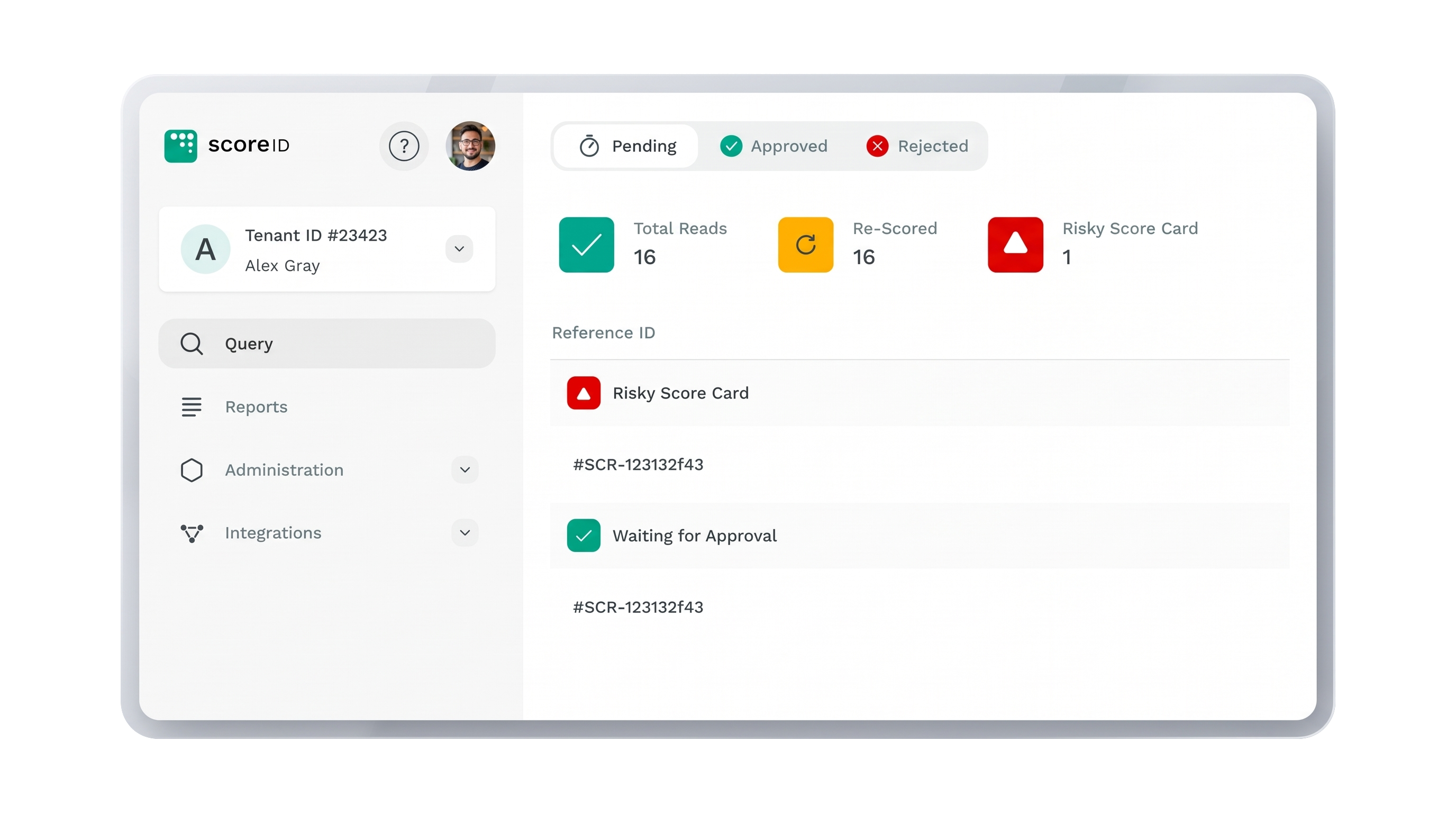 ScoreID dashboard with customer financial scores and connected platforms
